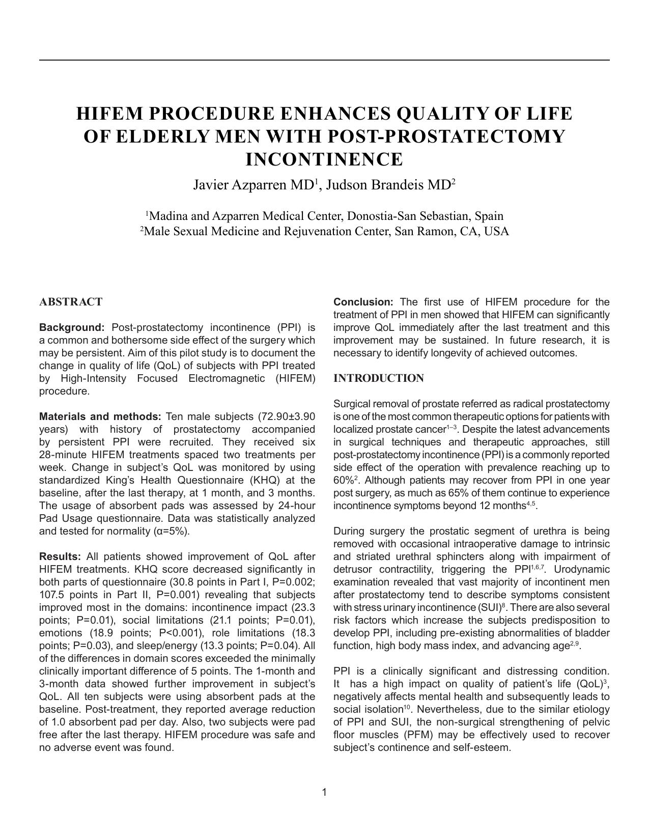 Clinical study: HIFEM procedure enhances quality of life in patients after prostatectomy