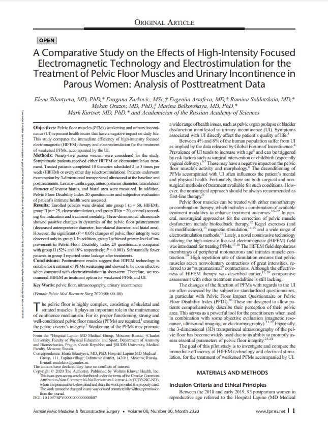 A Comparative Study on the Effects of High-Intensity Focused Electromagnetic Technology and Electrostimulation for the Treatment of Pelvic Floor Muscles and Urinary Incontinence in Parous Women