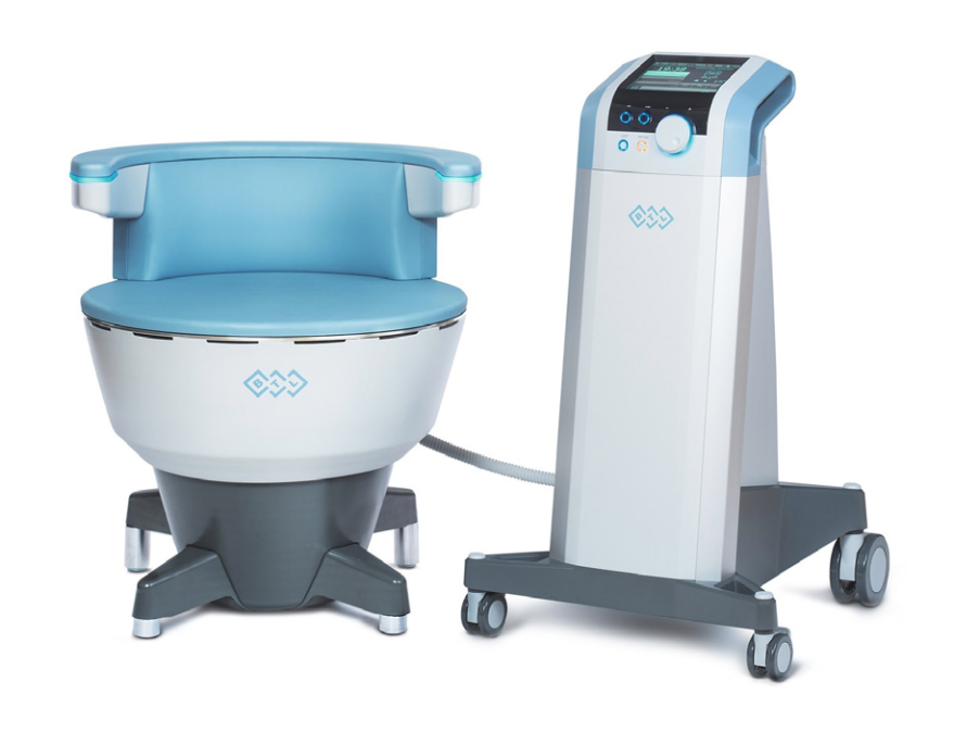 Figure 1: HIFEM device. The spiral coil is embedded in the center of the therapeutic chair and connected to the main unit, which supplies the whole…