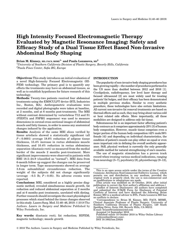 High Intensity Focused Electromagnetic Therapy Evaluated by Magnetic Resonance Imaging: Safety and efficacy study of a dual tissue effect based non-invasive abdominal body shaping