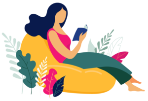 Woman reclining, reading a book. Eliminate Bladder Leaks and stress